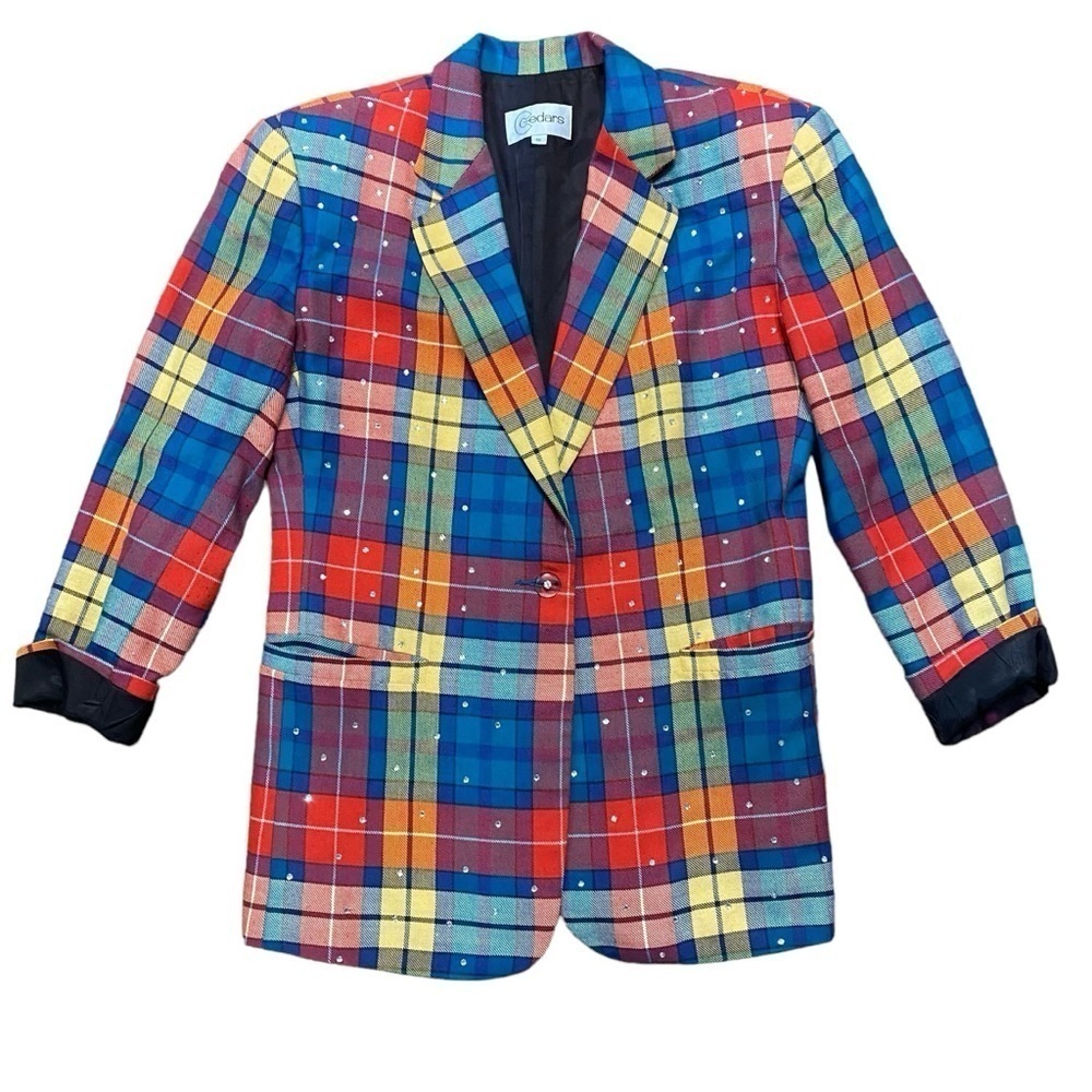 VTG Cedars Multi Color Plaid Bedazzled Oversized Blazer Jacket Size Small
